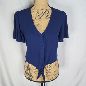MODCLOTH Size XS Navy Blue Semi Sheer Lightweight Flutter Sleeve V-neck Crop Top